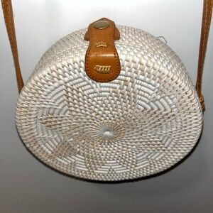 Tan and White Woven Crossbody Bag with Leather Strap